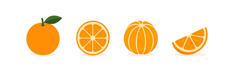 Flat style orange fruit collection: whole, sliced, and half sections