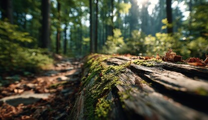 Obraz premium A close-up of a moss-covered log in a sunlit forest, a path disappearing into the blurred background, suggesting a tranquil hike