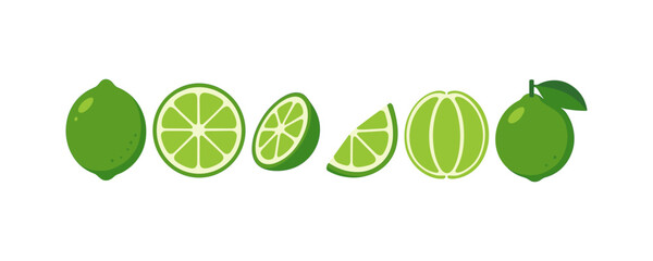 Fresh green lime slices and whole fruit set on white background