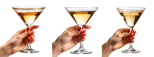 Set of Retro-Inspired Female Hand with Red Nails Holding Cocktail Glass