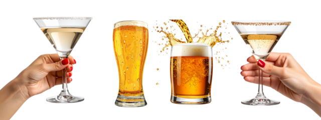 Tall Pint of Golden Lager with Frothy Head, Front View, Beer Pouring into Mug with Overflowing Foam, Action Scene Retro-Inspired Female Hand with Red Nails Holding Cocktail Glass, Transparent 