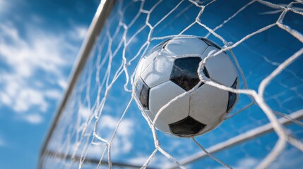 Naklejka premium Close-Up View of a Soccer Ball Hitting the Net Under a Bright Blue Sky with Fluffy White Clouds in a Clear Day
