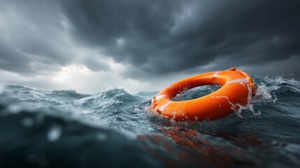 Vibrant life ring drifts in choppy waters under dark storm clouds at sea