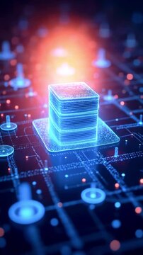 Futuristic digital data storage concept with glowing holographic stacks on a network grid background