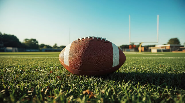 Football resting on the grass under clear blue sky at a sports field during sunset - Powered by Adobe