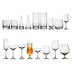 Collection of various empty and filled glassware, including wine glasses, cocktail glasses, tumblers, and shot glasses, isolated on transparent background
