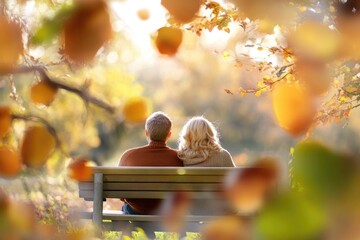 Elderly couple enjoying autumn foliage on a park bench in a serene woodland setting