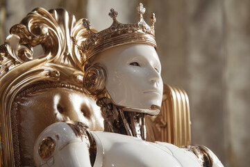 Android humanoid robot sitting on a golden chair wearing a golden crown. Concept of robots taking control over humanity. 
