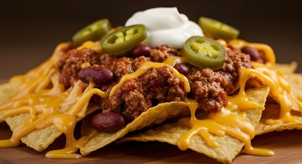 Fototapeta premium Hearty Classic Beef Chili Cheese Nachos Loaded With Spicy Jalapeños, Melted Cheddar, And Cool Sour Cream For A Flavor-Packed Tex-Mex Favorite Perfect For Sharing Or Snacking
