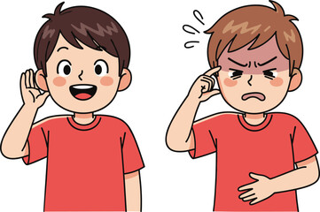 Two cartoon boys in red shirts showing happy and angry emotions with hand gestures for educational, emotional learning, and children’s content vector illustration