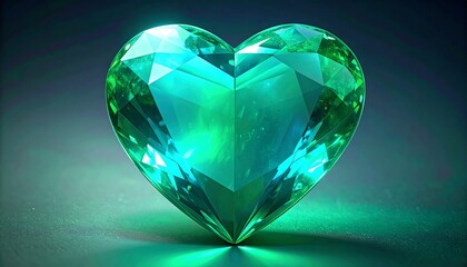 Fototapeta premium A vibrant, heart-shaped emerald gem glistens in a dramatic, dark backdrop, showcasing its intricate facets and luminous green color.