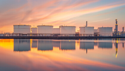 Naklejka premium Oil storage tank and plant industrial.with reflection on the lake