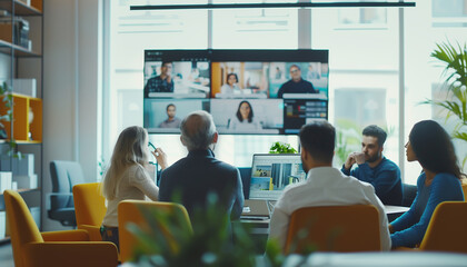 usiness people, meeting and presentation on screen for data analytics, statistics and financial growth in boardroom