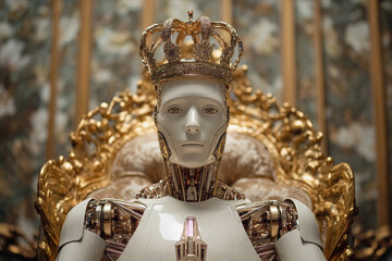 Android humanoid robot sitting on a golden chair wearing a large golden crown. Concept of robots taking control over humanity.	
