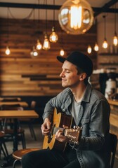 Obraz premium Young man plays acoustic guitar in a cozy cafe enjoying the music and atmosphere