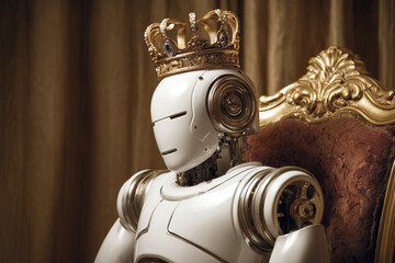 Android robot sitting on burgundy red velvet armchair with golden decor wearing a golden crown. Concept of robots taking control over humanity.	