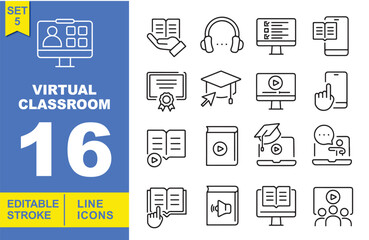 Virtual classroom set of web icons in line style. A collection of linear icons representing key virtual classroom concepts, including book, headset, online test, and phone studying. Editable stroke.
