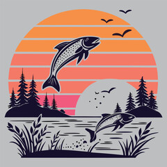 Retro Sunset with Fish silhouette vector design art and illustration