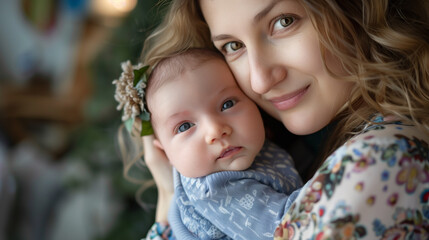 Obraz premium Loving mother hugs her little baby at home