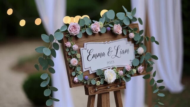A close-up video angle captures a rustic wedding sign adorned with pastel flowers and greenery, set against a blurred outdoor backdrop.