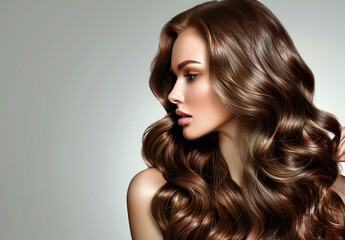 Fototapeta premium Beautiful woman brunette profile on grey background