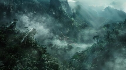 Misty mountain valley scenery