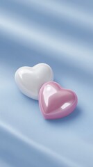 Two glossy heart-shaped objects, one white and one pink, resting on a soft blue satin fabric, creating a romantic and playful atmosphere for various design projects
