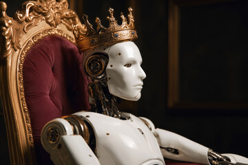 Android humanoid robot sitting on red velvet armchair with golden decor wearing a golden crown. Concept of robots taking control over humanity.	