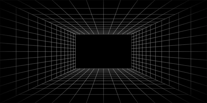 Futuristic perspective grid box. Abstract wireframe with white grid line on black background. Virtual reality landscape in 80s 90s digital style. Vector