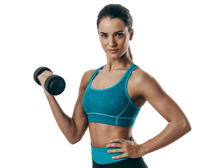 A determined young woman in athletic wear performs a dumbbell curl against a transparent background.