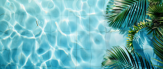 water pool with sunlight and palms. top view