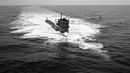 WWII Submarine Evasion - A black and white video of a World War II-era submarine submerged in deep waters, leaving a white wake as it maneuvers to avoid detection.