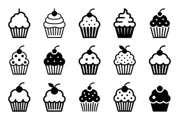 A Collection of Stylized Cupcake Icons with Cherries