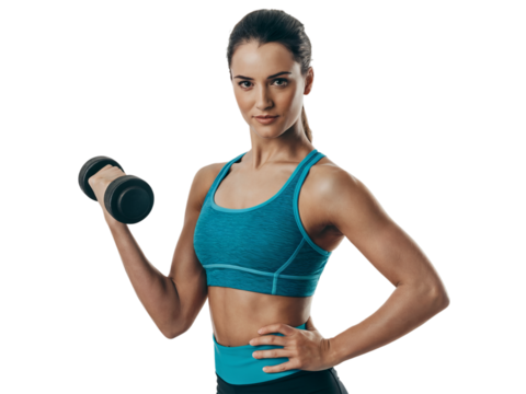 A determined young woman in athletic wear performs a dumbbell curl against a transparent background. - Powered by Adobe