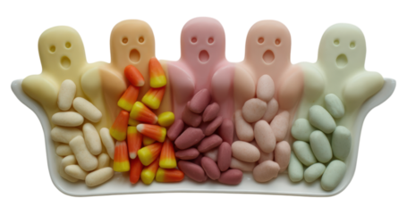 A colorful assortment of ghost-shaped candies arranged in a tray with various sweet treats, including candy corn and pastel-colored confections.