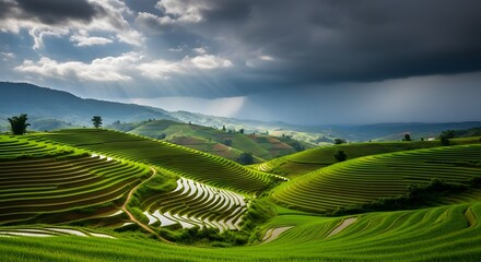 Fototapeta premium Photo of lush green rice terraces cascade down rolling hills under a dramatic sky