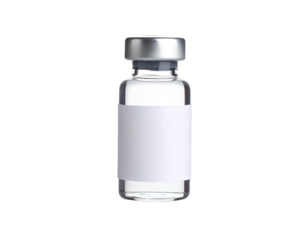 A small empty transparent vaccine ampoule bottle mockup with a white label isolated on a transparent background.