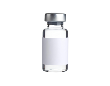A small empty transparent vaccine ampoule bottle mockup with a white label isolated on a transparent background.