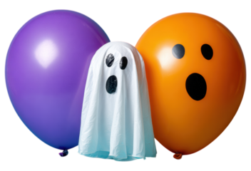 A playful ghost figure draped in white, flanked by colorful balloons in purple and orange, both featuring expressive, surprised faces.