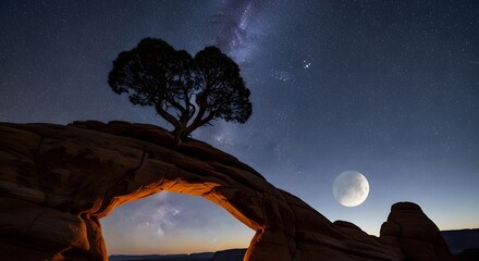 Photo of lone tree silhouetted against the starry night sky with the moon rising over a rocky arch