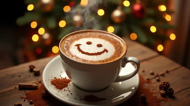 Steaming cappuccino with smiley face art creating a happy mood against a Christmas background