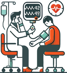 Medical professional taking patient's blood pressure during a checkup with monitoring equipment