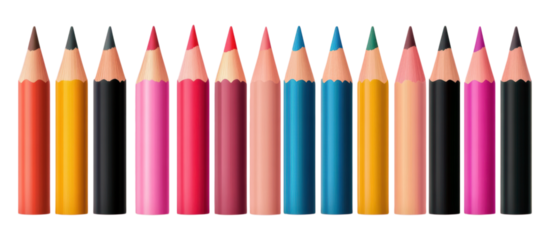 A vibrant array of colored pencils lined up, showcasing various hues and sharpened tips.