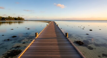 Fototapeta premium Photo of a wooden pier extends into the calm ocean waters during a serene sunset, reflecting the golden sky