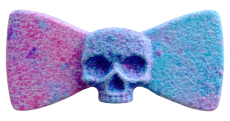 A colorful bowtie design featuring a central skull, combining playful elements with a hint of edginess.