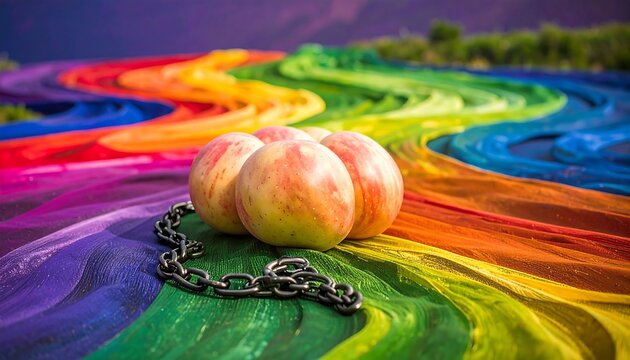 Peach fruits rest on a rainbow of fabric, restrained by a chain, evoking a sense of confinement and colorful symbolism.
