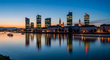 Naklejka premium Photo of vienna cityscape at dusk with modern skyscrapers reflecting on the danube river