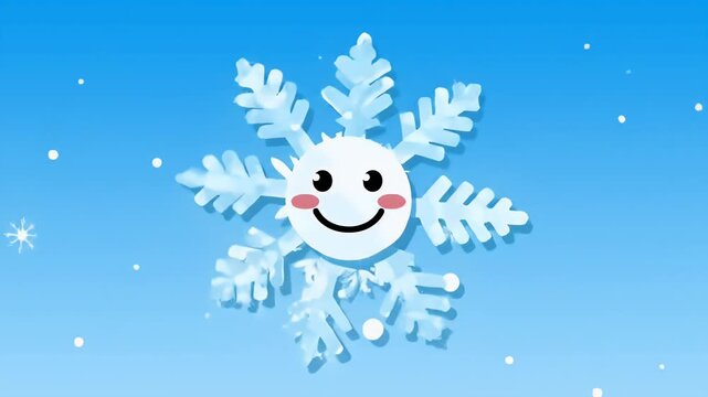 Cartoon Snowflake With Smiling Face on a Blue Sky Background for Winter Holiday
