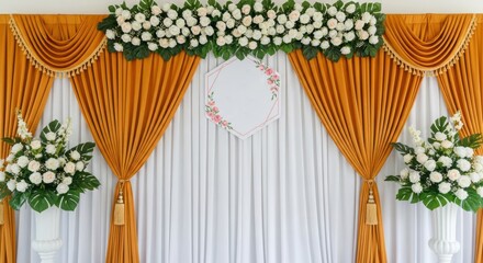 Elegant wedding stage decoration with gold curtains and floral arrangements