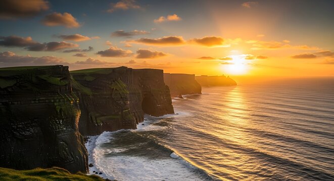 Photo of dramatic sunset over the majestic cliffs of moher on the wild atlantic coast of ireland